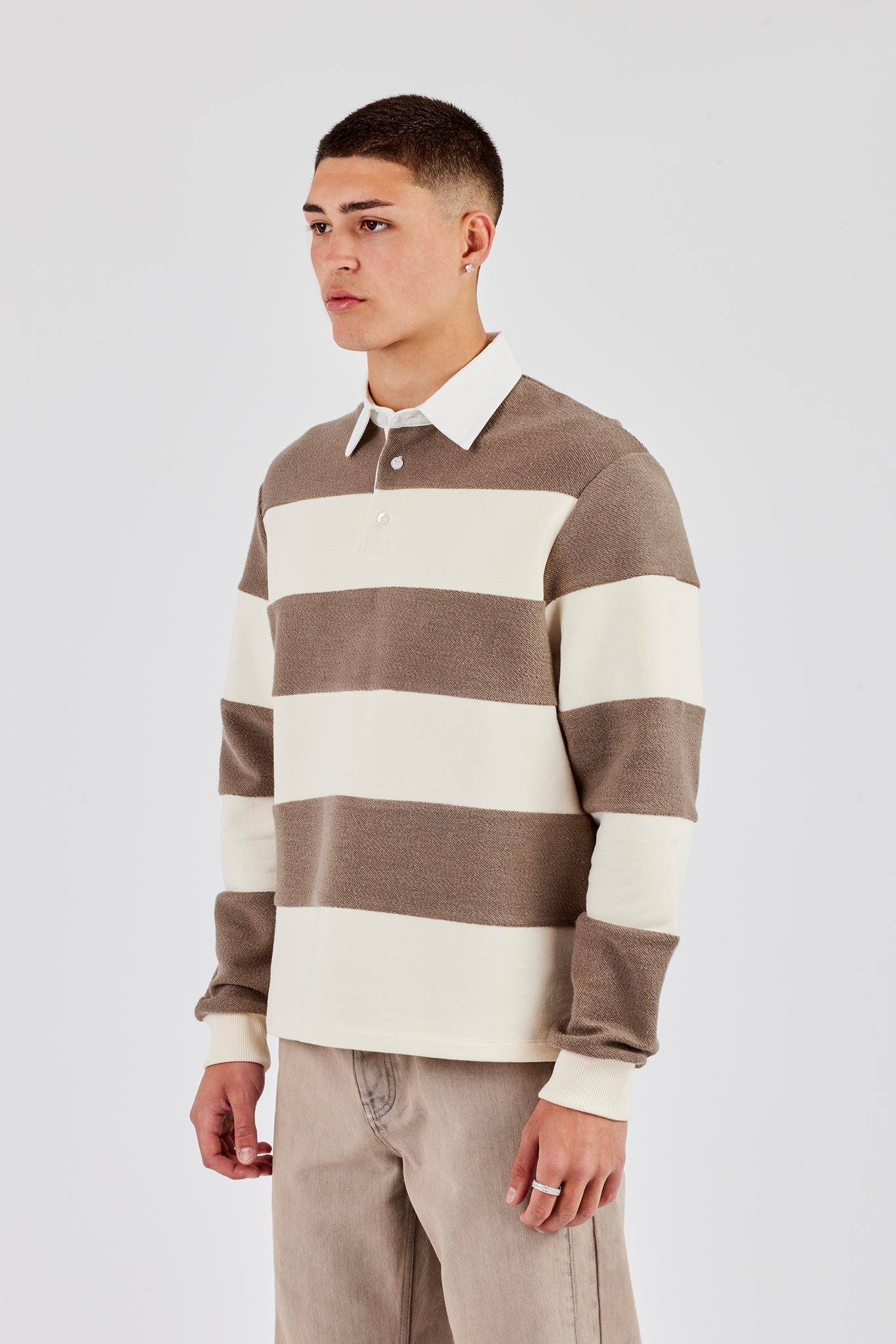 Textured Stripe Rugby Polo Top - Stone